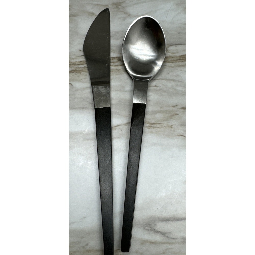 Stanley Roberts‎ Stainless Knife And Spoon Black Handle VTG Mcm